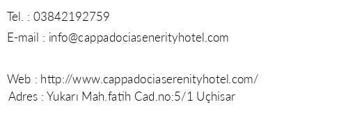 Cappadocia Serenity Hotel telefon numaralar, faks, e-mail, posta adresi ve iletiim bilgileri